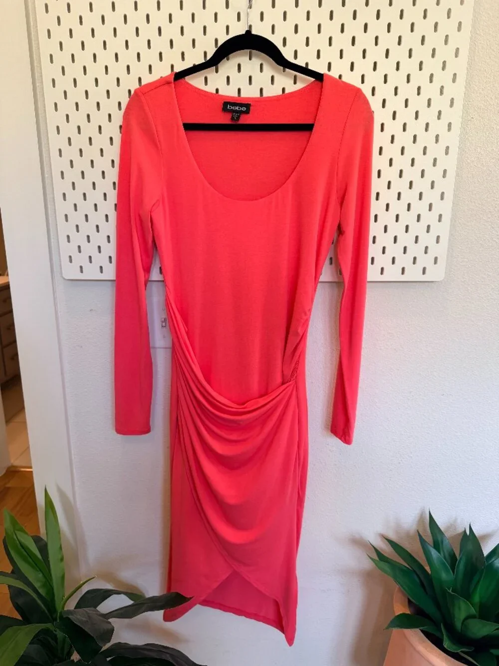 bebe Coral Pink Ruched Long Sleeve Bodycon Midi Dress Size M